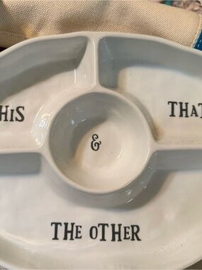 Artisan White Ceramic Divided Serving Platter with Black Lettering